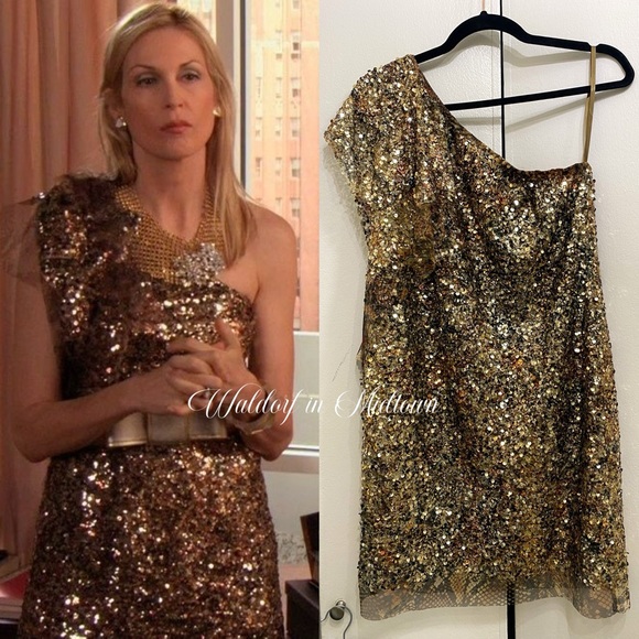 ASO LILY VAN DER WOODSEN GOLDEN SEQUIN DRESS 4 - Picture 1 of 9